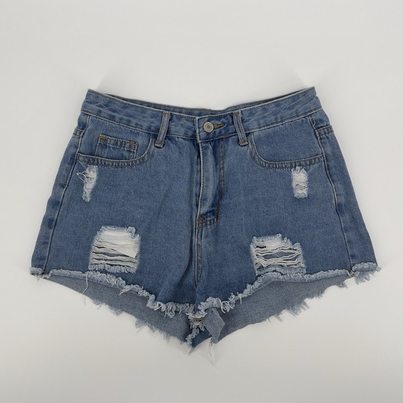 Women's Y2K Distressed Denim Cutoff Shorts + Orange Ribbed Tube Top Set Medium - Picture 2 of 13